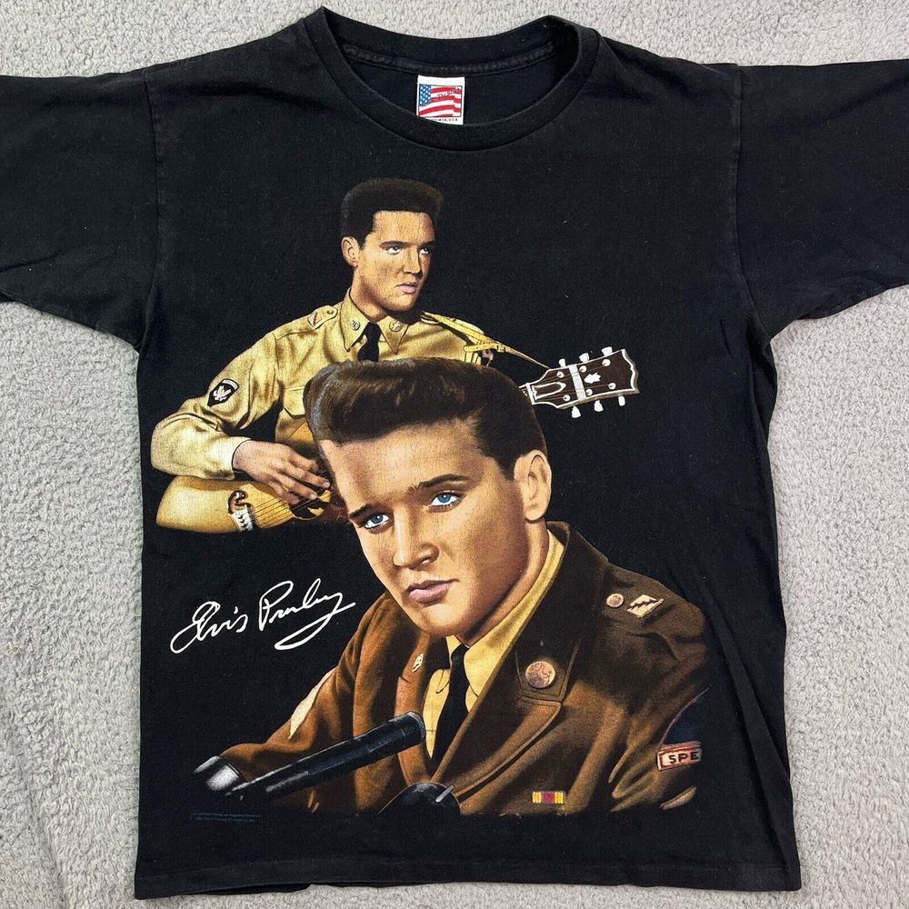Vintage 1995 ELVIS PRESLEY in the ARMY T Shirt Made At The Beach Big Print Sz L